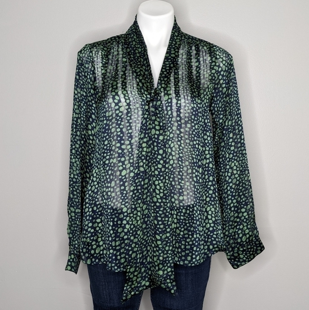 ✨3/$15 Vici blue green sheer button up tie neck blouse S